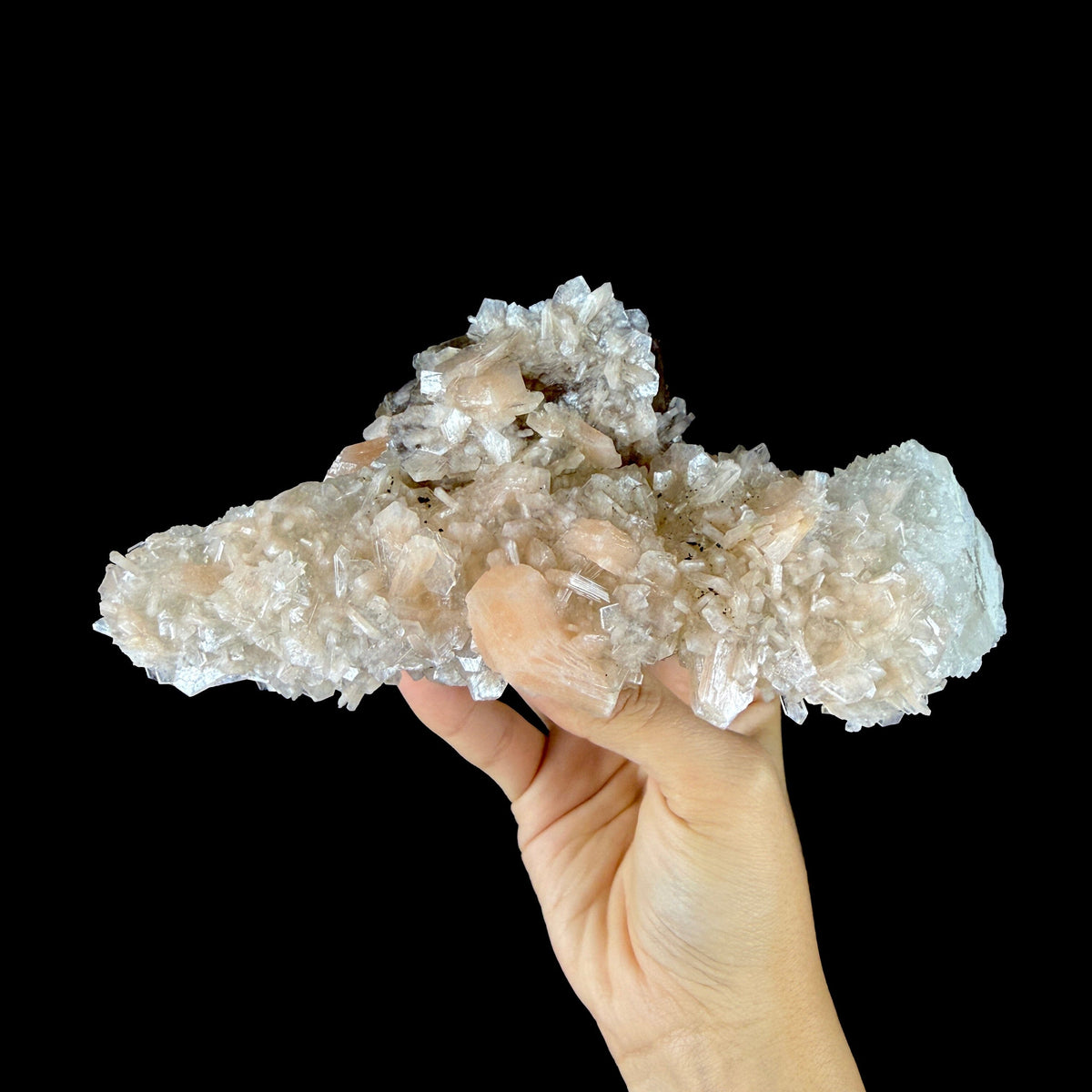 Dual-Generation Golden & Amber Calcite Perched on Peach Stilbite & Sparkling Chalcedony Matrix - Collector’s Cabinet Specimen from Jalgaon, India # DKT187 Calcite Superb Minerals 