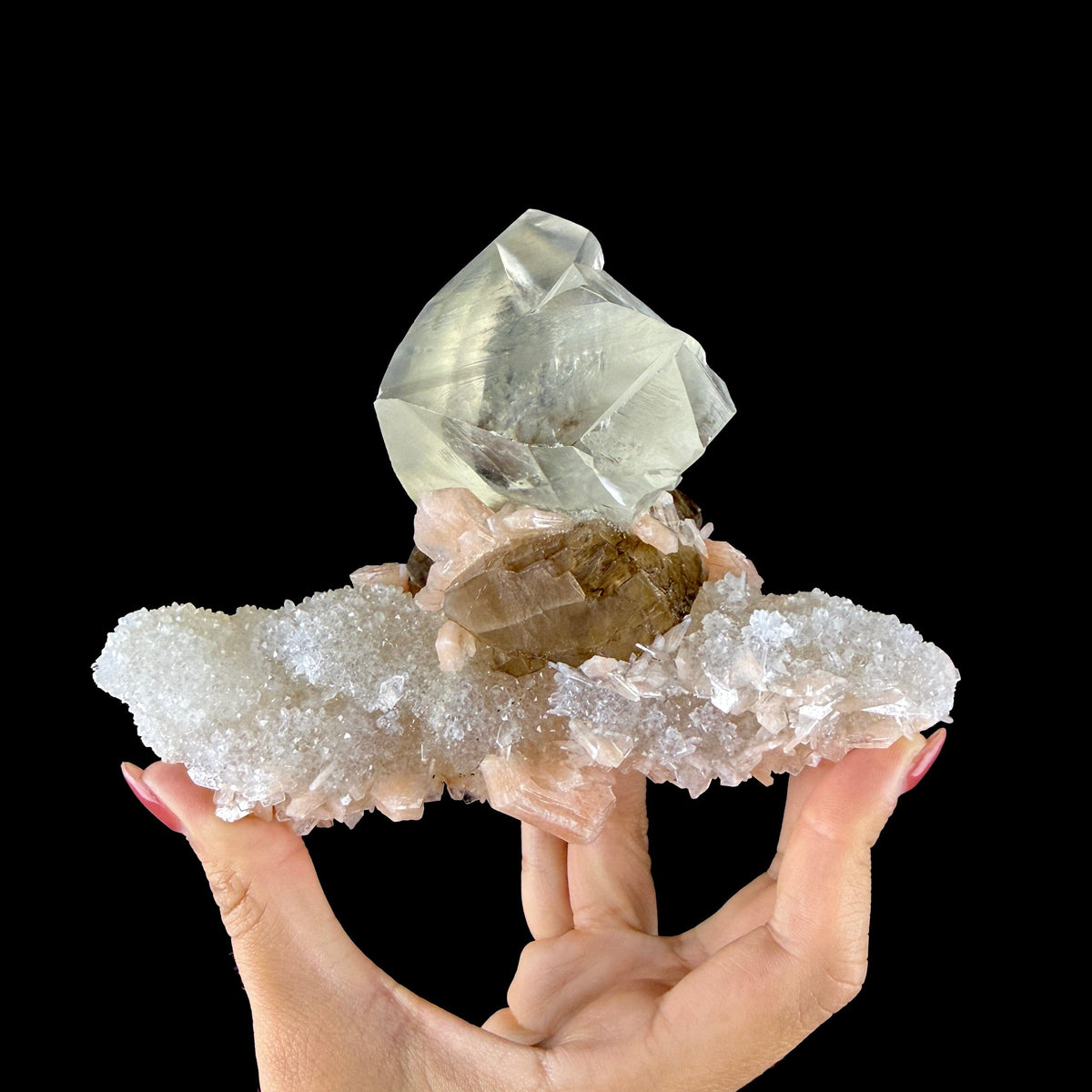 Dual-Generation Golden & Amber Calcite Perched on Peach Stilbite & Sparkling Chalcedony Matrix - Collector’s Cabinet Specimen from Jalgaon, India # DKT187 Calcite Superb Minerals 