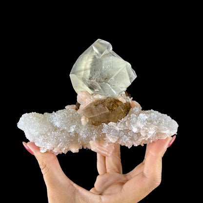 Dual-Generation Golden & Amber Calcite Perched on Peach Stilbite & Sparkling Chalcedony Matrix - Collector’s Cabinet Specimen from Jalgaon, India # DKT187 Calcite Superb Minerals 