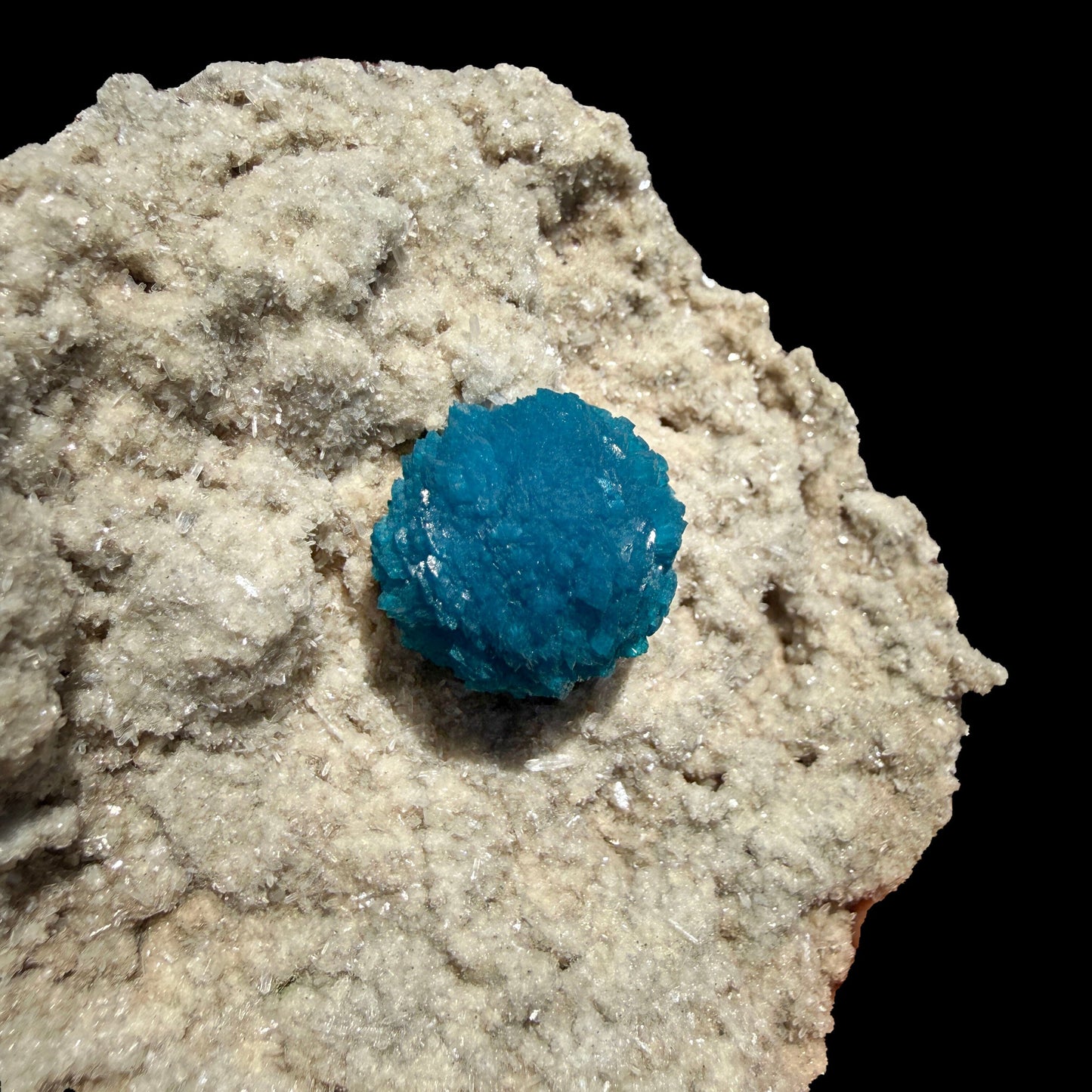 Electric-Blue Botryoidal Cavansite Rosette on Sparkling Heulandite Matrix – Rare Indian Zeolite Mineral Specimen from Pune # B DKT132 fluorite Superb Minerals 