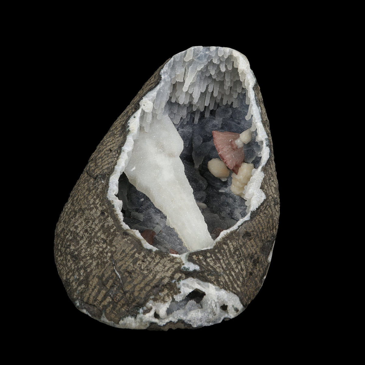 Gemmy Brown Heulandite with Coated Calcite Pillar & Chalcedony Stalactites in Natural Geode – Rare Zeolite Specimen # B 7241 Heulandite Superb Minerals 