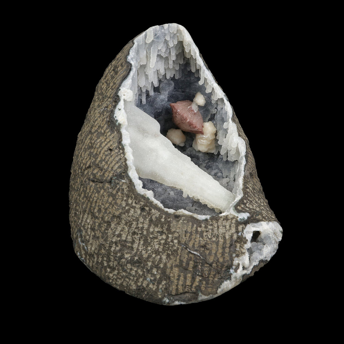 Gemmy Brown Heulandite with Coated Calcite Pillar & Chalcedony Stalactites in Natural Geode – Rare Zeolite Specimen # B 7241 Heulandite Superb Minerals 