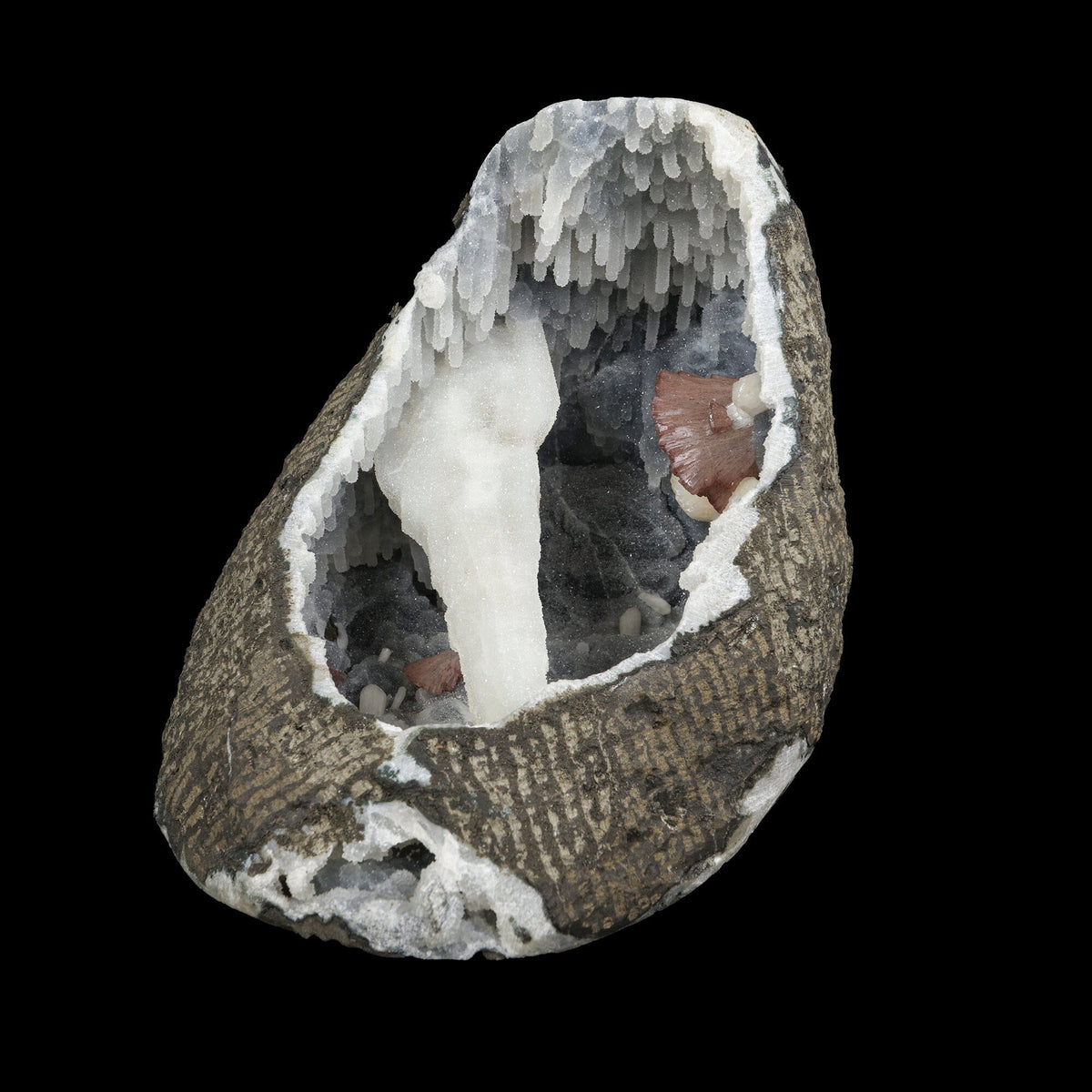 Gemmy Brown Heulandite with Coated Calcite Pillar & Chalcedony Stalactites in Natural Geode – Rare Zeolite Specimen # B 7241 Heulandite Superb Minerals 