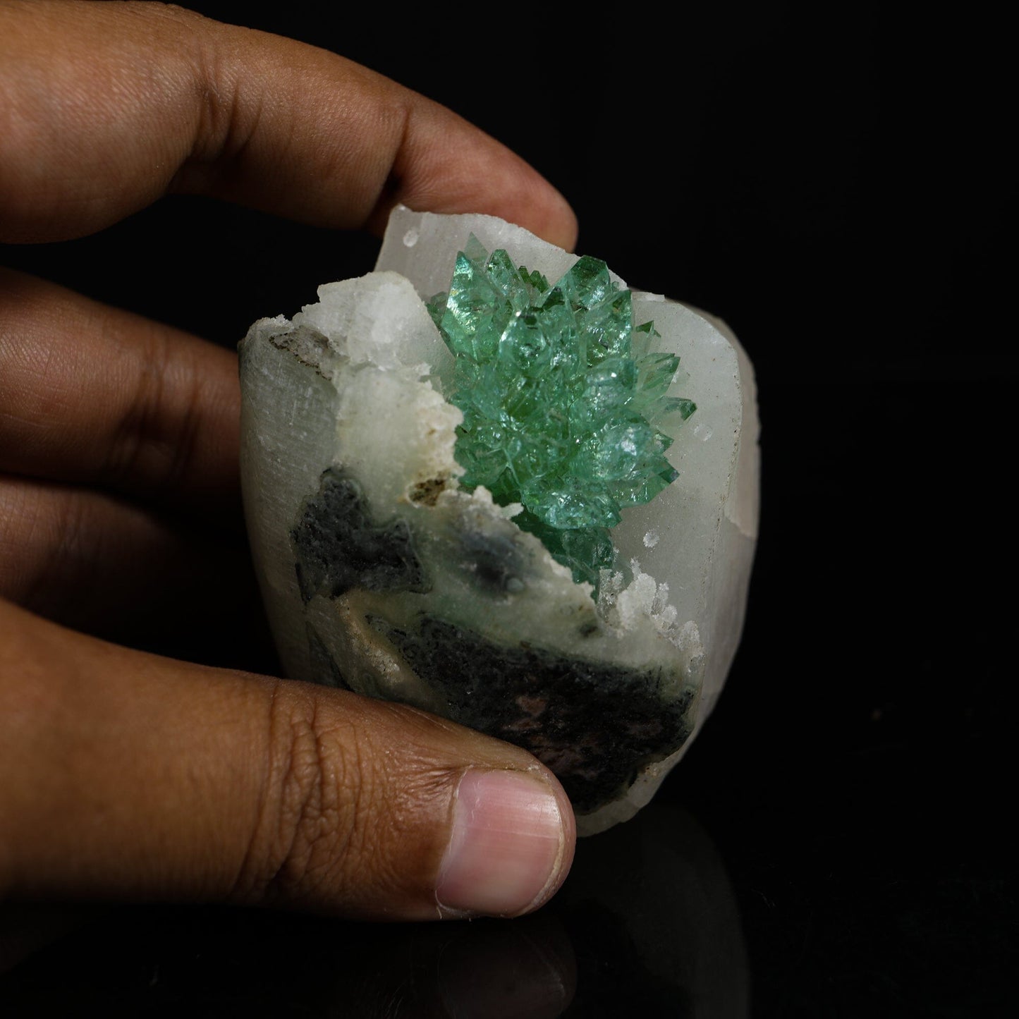Gemmy Emerald-Green Apophyllite "Flower" Spray with White Calcite & Stilbite Matrix - Collector’s Specimen from Jalgaon, India # B 7204 Apophylite Superb Minerals 
