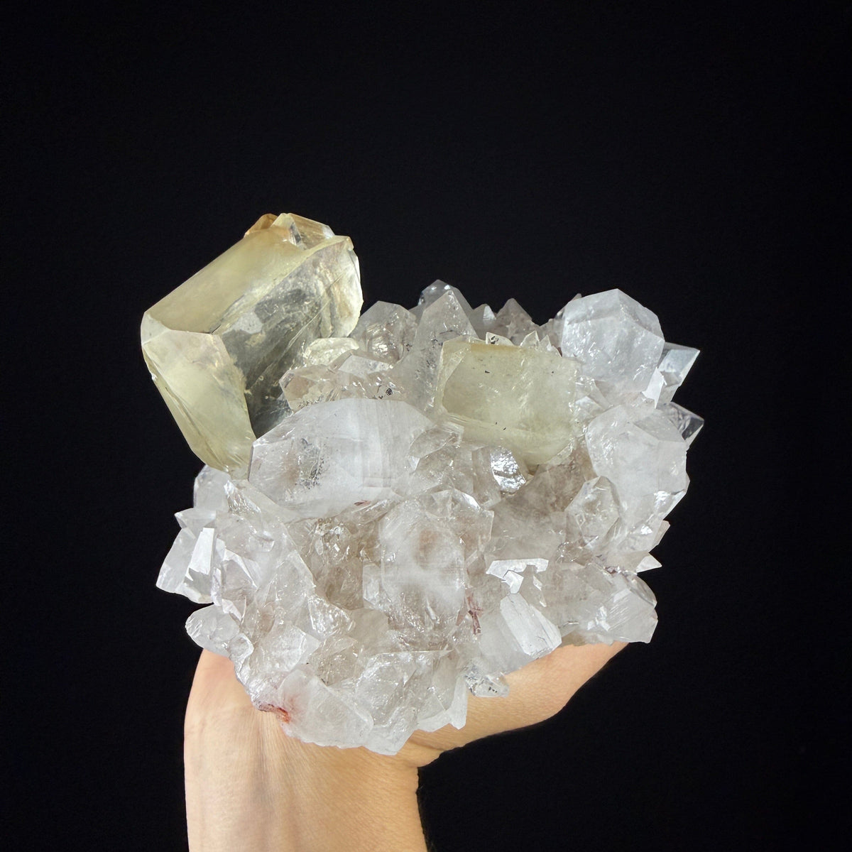 Gemmy Golden Calcite Crystal Perched on Apophyllite Tip Cluster with Stilbite - Collector’s Cabinet Specimen from Jalgaon, India # DKT170 Calcite Superb Minerals 