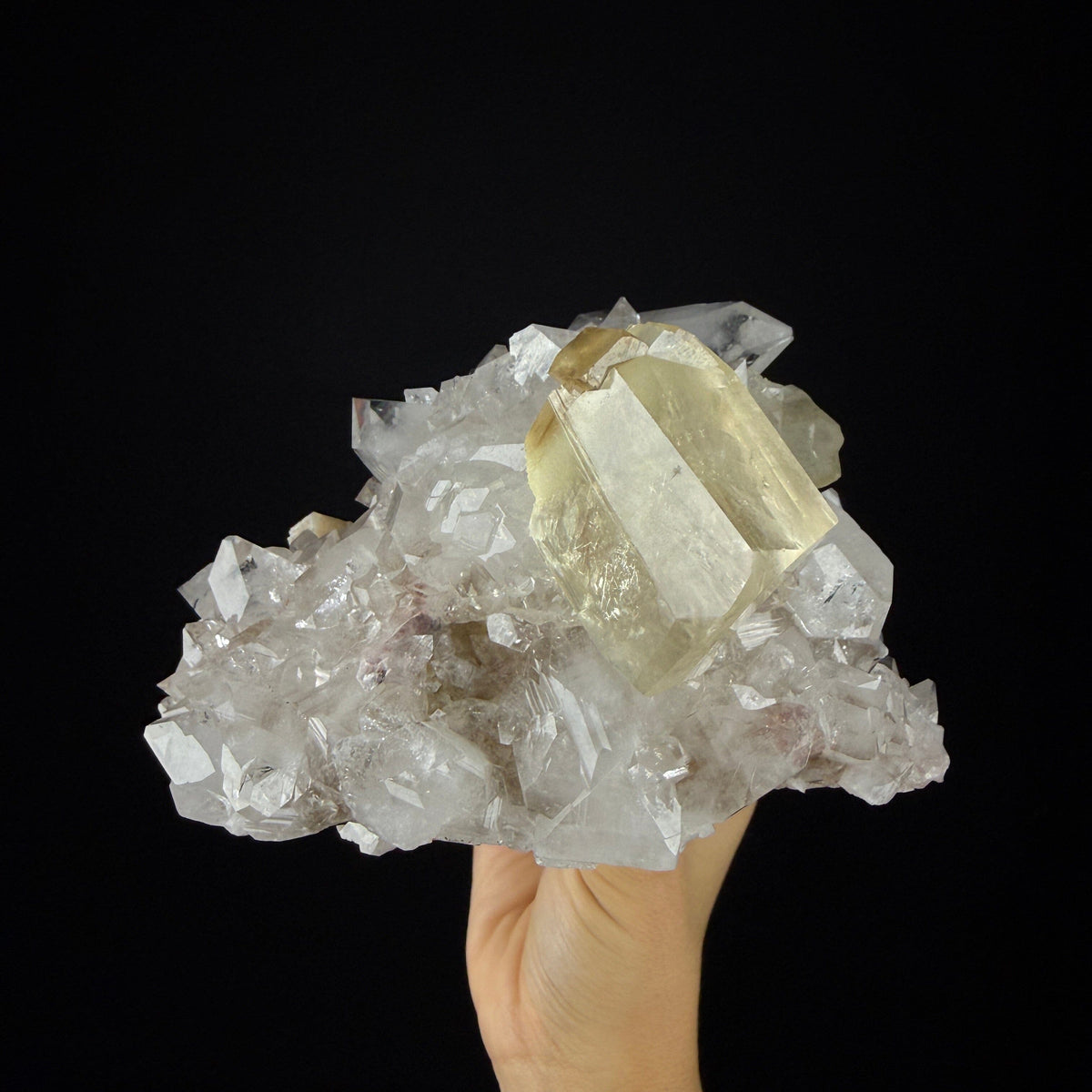 Gemmy Golden Calcite Crystal Perched on Apophyllite Tip Cluster with Stilbite - Collector’s Cabinet Specimen from Jalgaon, India # DKT170 Calcite Superb Minerals 