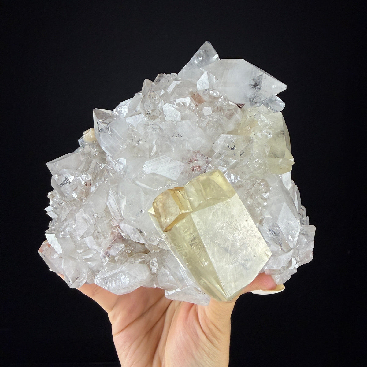 Gemmy Golden Calcite Crystal Perched on Apophyllite Tip Cluster with Stilbite - Collector’s Cabinet Specimen from Jalgaon, India # DKT170 Calcite Superb Minerals 