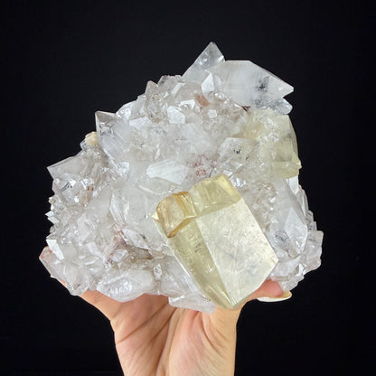 Gemmy Golden Calcite Crystal Perched on Apophyllite Tip Cluster with Stilbite - Collector’s Cabinet Specimen from Jalgaon, India # DKT170 Calcite Superb Minerals 