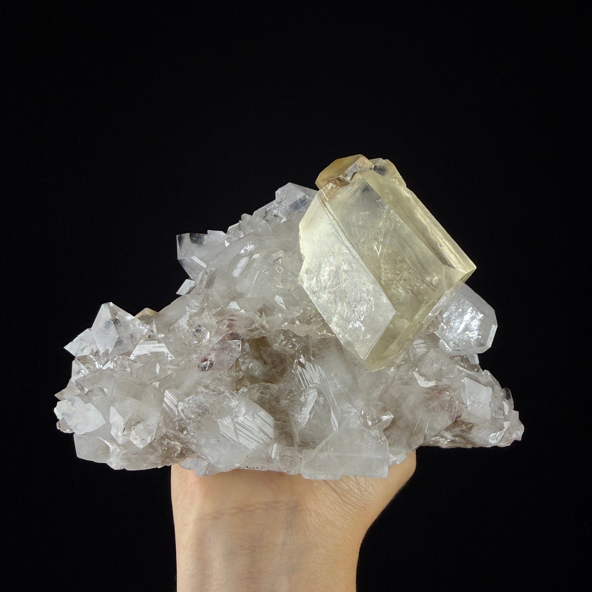 Gemmy Golden Calcite Crystal Perched on Apophyllite Tip Cluster with Stilbite - Collector’s Cabinet Specimen from Jalgaon, India # DKT170 Calcite Superb Minerals 