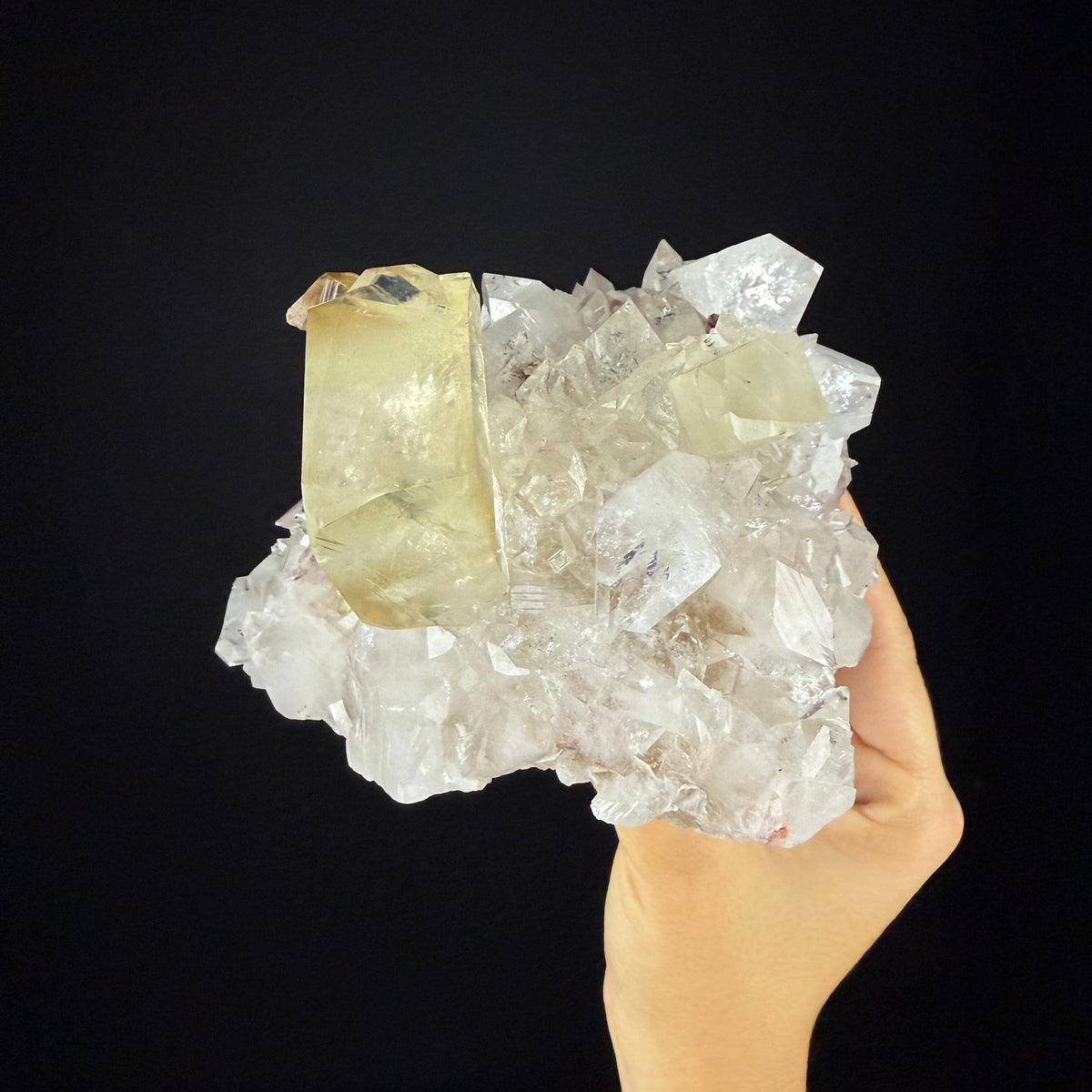 Gemmy Golden Calcite Crystal Perched on Apophyllite Tip Cluster with Stilbite - Collector’s Cabinet Specimen from Jalgaon, India # DKT170 Calcite Superb Minerals 