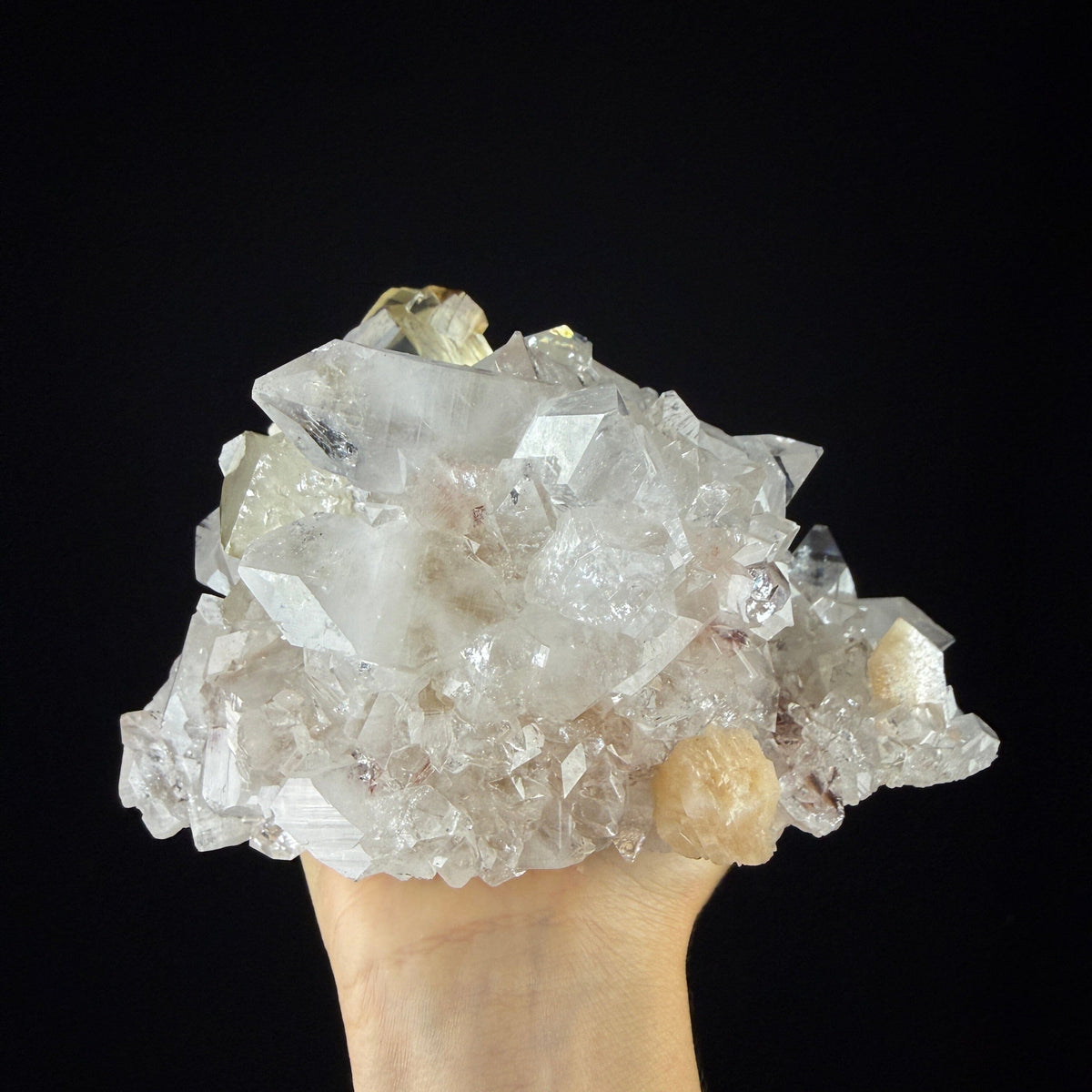 Gemmy Golden Calcite Crystal Perched on Apophyllite Tip Cluster with Stilbite - Collector’s Cabinet Specimen from Jalgaon, India # DKT170 Calcite Superb Minerals 