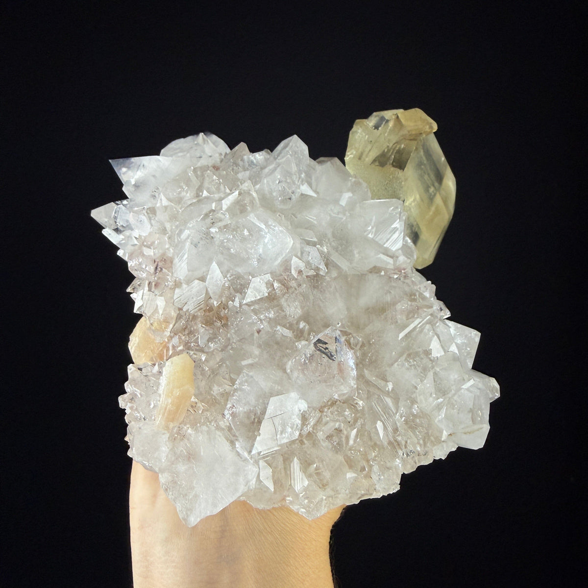 Gemmy Golden Calcite Crystal Perched on Apophyllite Tip Cluster with Stilbite - Collector’s Cabinet Specimen from Jalgaon, India # DKT170 Calcite Superb Minerals 