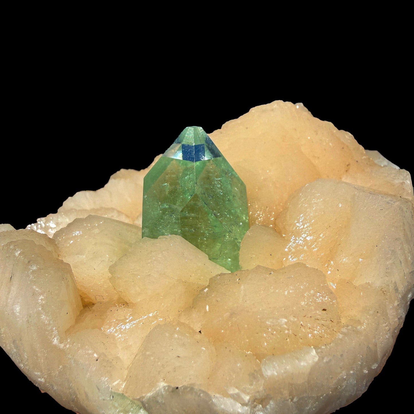 Green Apophyllite Crystal Tip on Stilbite Matrix – Rare Indian Zeolite Mineral Specimen from Maharashtra DKT60 Apophyllite Superb Minerals 