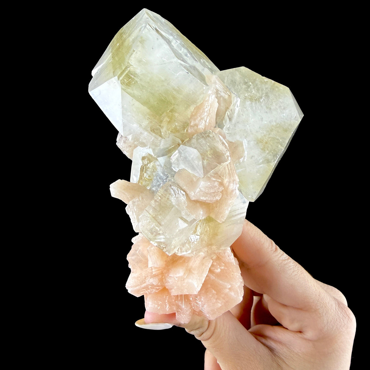 Green Apophyllite Crystal with Peach Stilbite - Collector’s Cabinet Specimen from Nashik, India # DKT165 Apophyllite Superb Minerals 