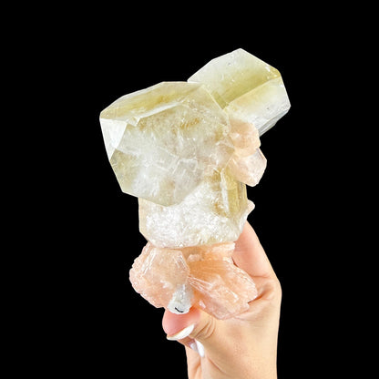 Green Apophyllite Crystal with Peach Stilbite - Collector’s Cabinet Specimen from Nashik, India # DKT165 Apophyllite Superb Minerals 
