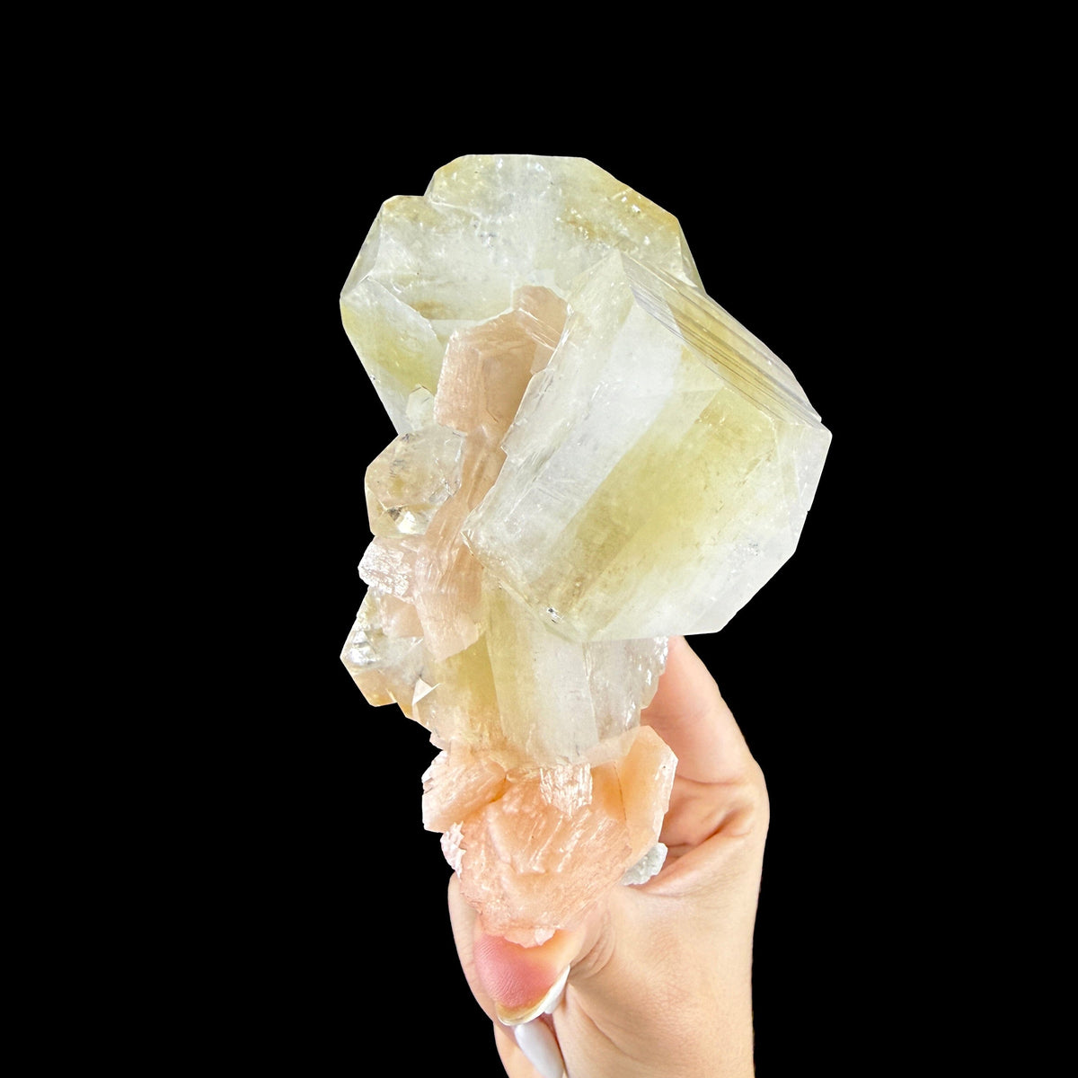 Green Apophyllite Crystal with Peach Stilbite - Collector’s Cabinet Specimen from Nashik, India # DKT165 Apophyllite Superb Minerals 