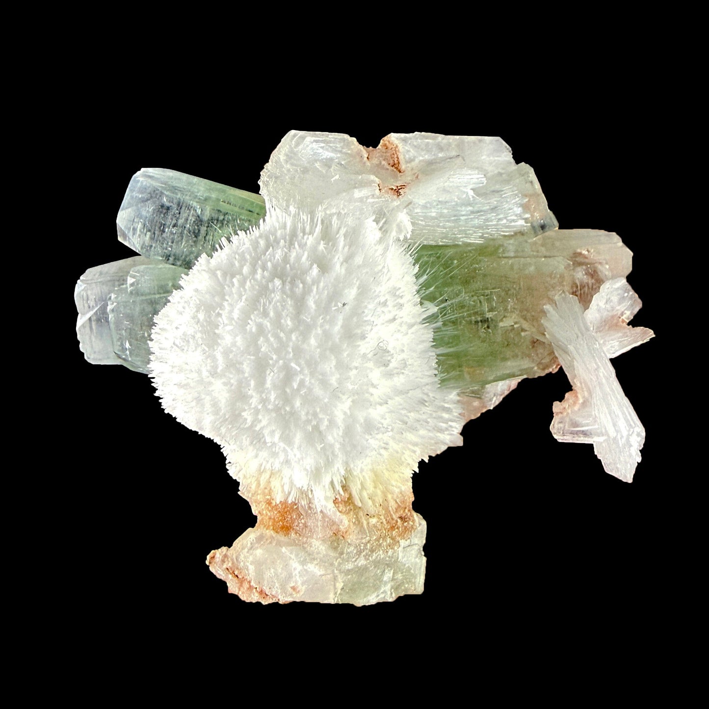 Green Apophyllite Crystal with Scolecite & Stilbite Cluster from Nashik, Maharashtra, India DKT85 Apohyllite Superb Minerals 