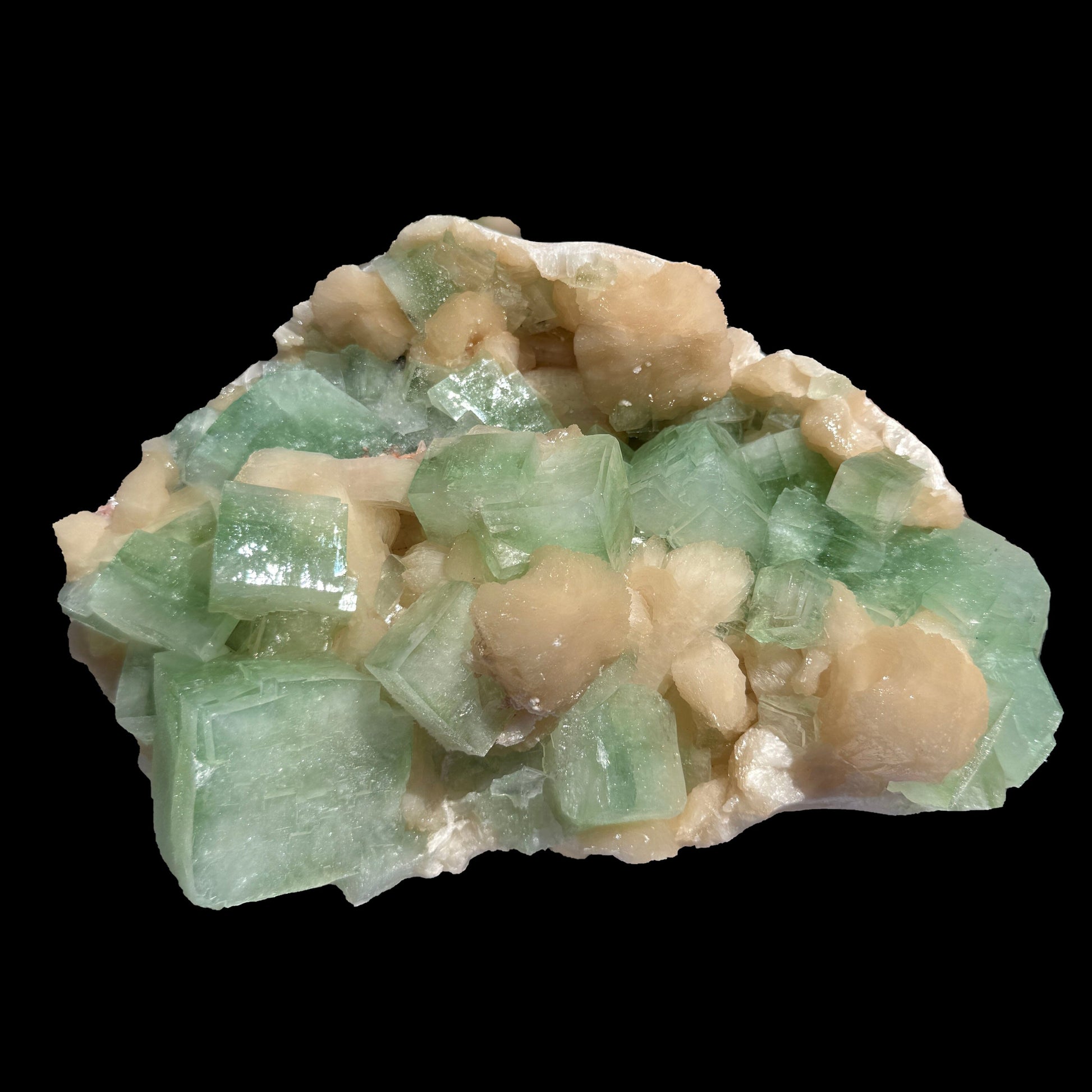 Green Apophyllite with Sparkling Micro-Apophyllite Coating & Peach Stilbite – Premium Cabinet Specimen from Nashik # DKT125 Apophyllite Superb Minerals 