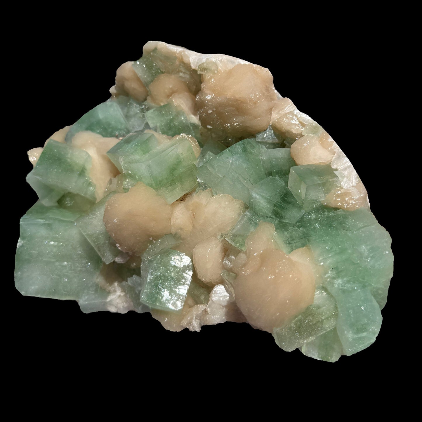 Green Apophyllite with Sparkling Micro-Apophyllite Coating & Peach Stilbite – Premium Cabinet Specimen from Nashik # DKT125 Apophyllite Superb Minerals 