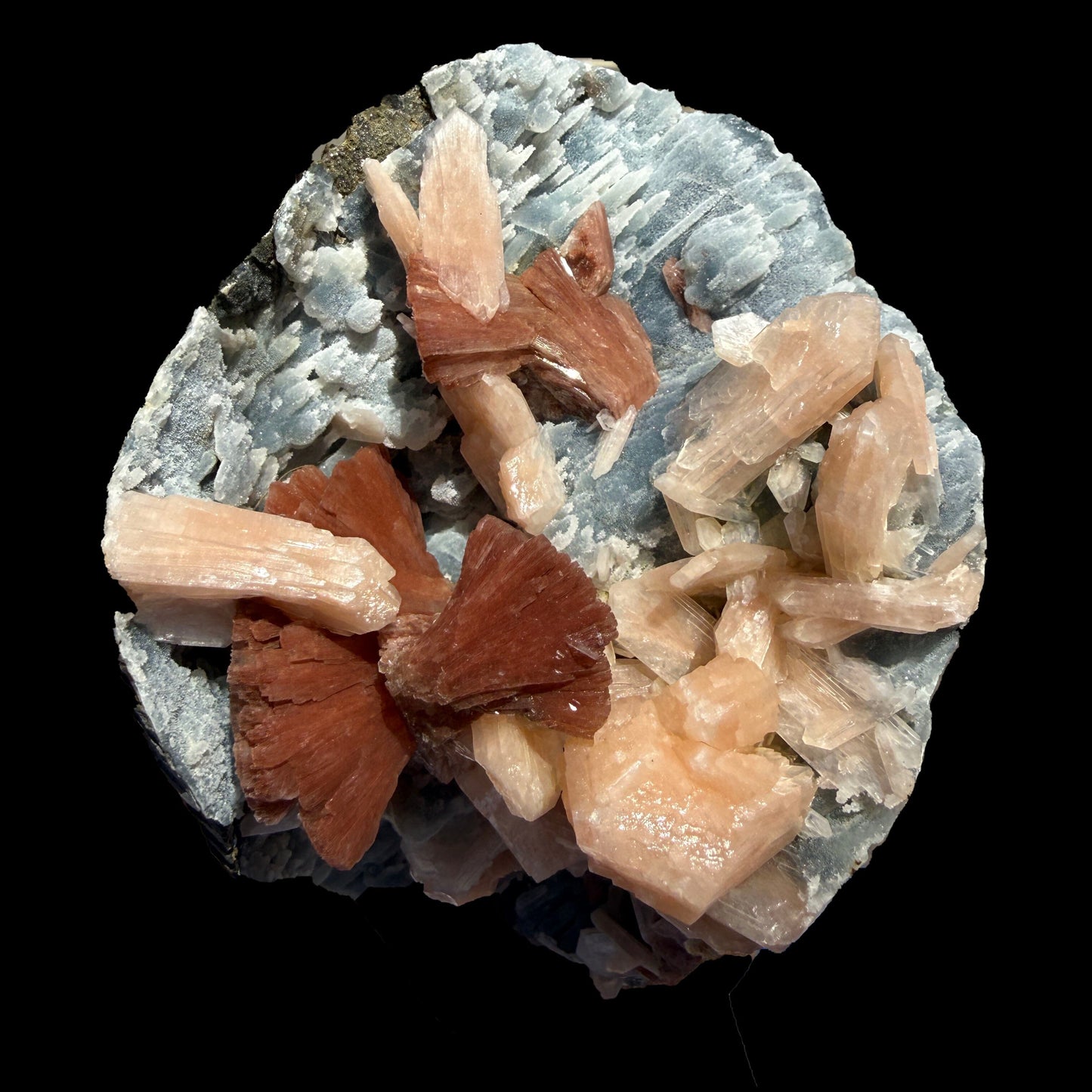 Heulandite & Peach Stilbite on Sparkling Icy-Blue Chalcedony Matrix – Rare Indian Zeolite Mineral Specimen from Maharashtra # DKT137 Heulandite Superb Minerals 