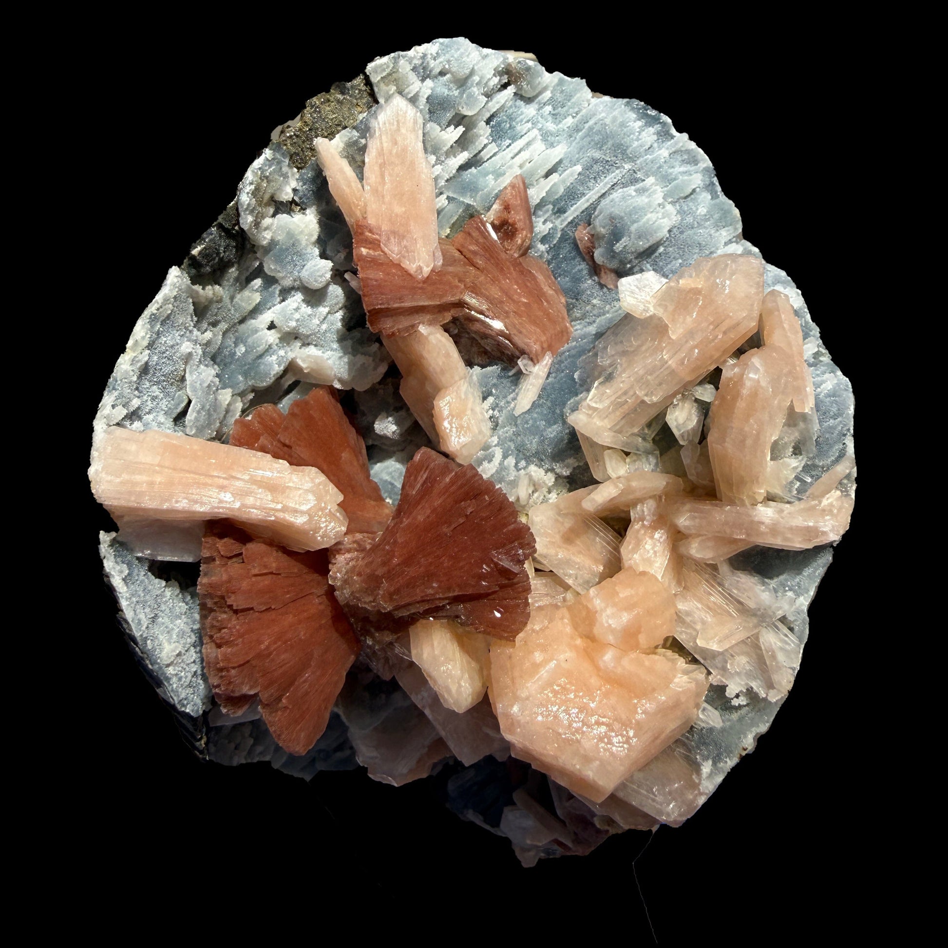 Heulandite & Peach Stilbite on Sparkling Icy-Blue Chalcedony Matrix – Rare Indian Zeolite Mineral Specimen from Maharashtra # DKT137 Heulandite Superb Minerals 