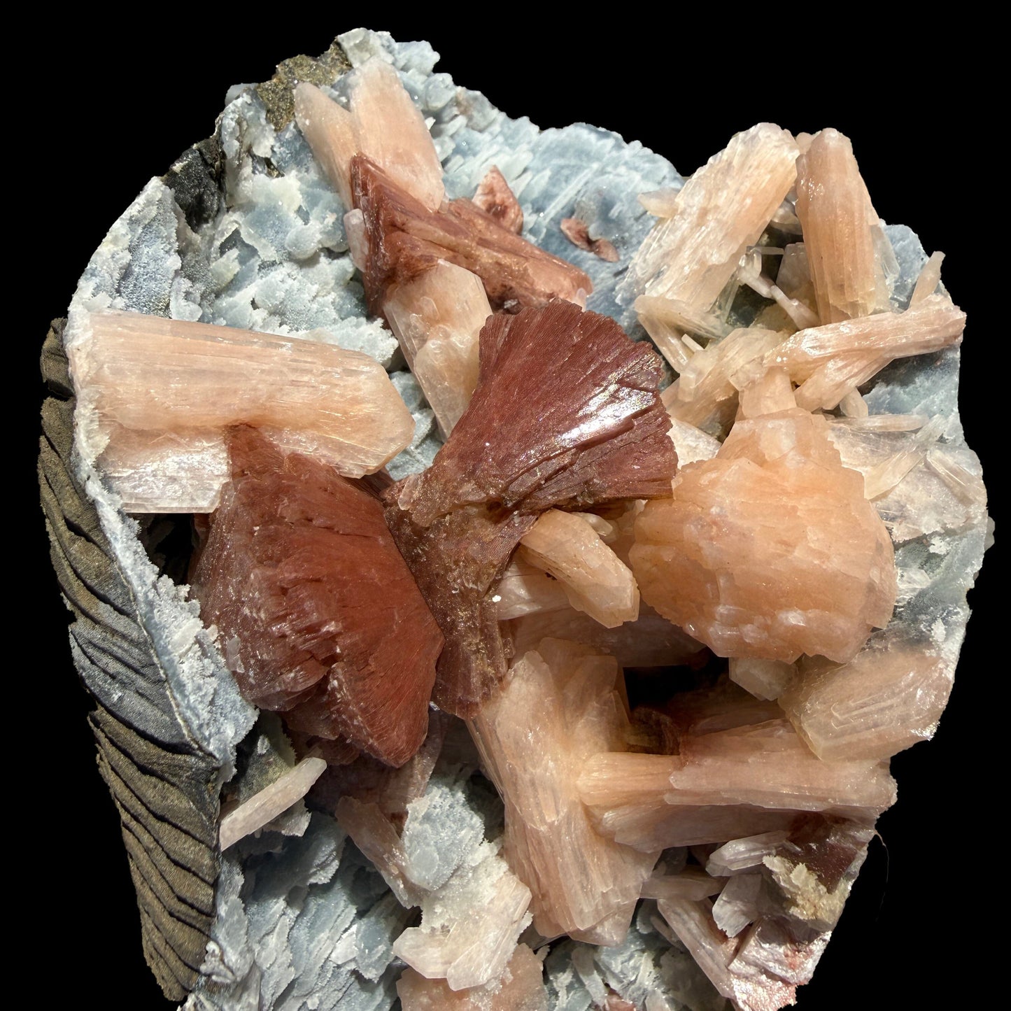 Heulandite & Peach Stilbite on Sparkling Icy-Blue Chalcedony Matrix – Rare Indian Zeolite Mineral Specimen from Maharashtra # DKT137 Heulandite Superb Minerals 