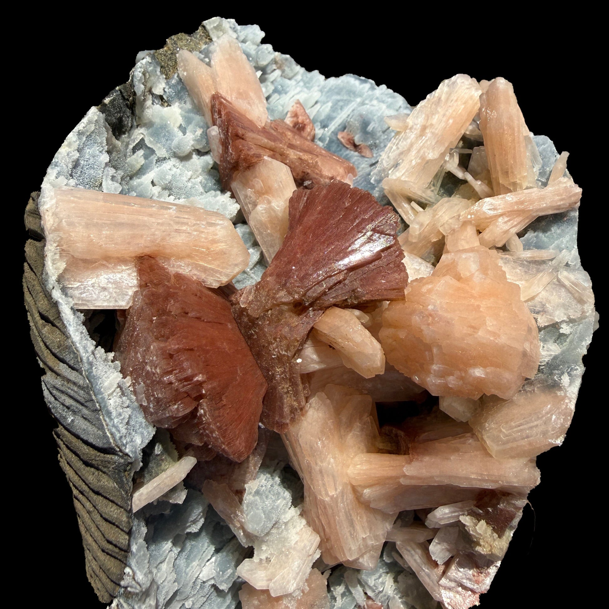 Heulandite & Peach Stilbite on Sparkling Icy-Blue Chalcedony Matrix – Rare Indian Zeolite Mineral Specimen from Maharashtra # DKT137 Heulandite Superb Minerals 