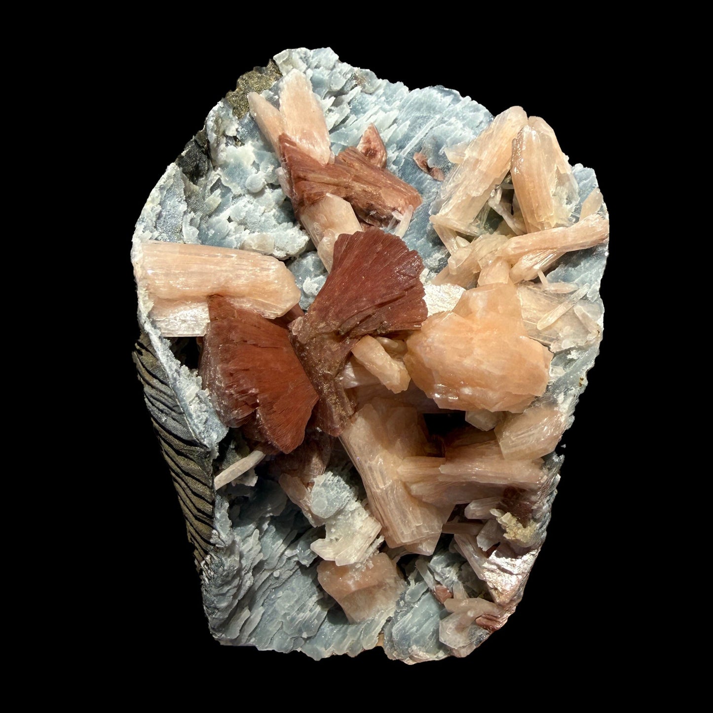 Heulandite & Peach Stilbite on Sparkling Icy-Blue Chalcedony Matrix – Rare Indian Zeolite Mineral Specimen from Maharashtra # DKT137 Heulandite Superb Minerals 