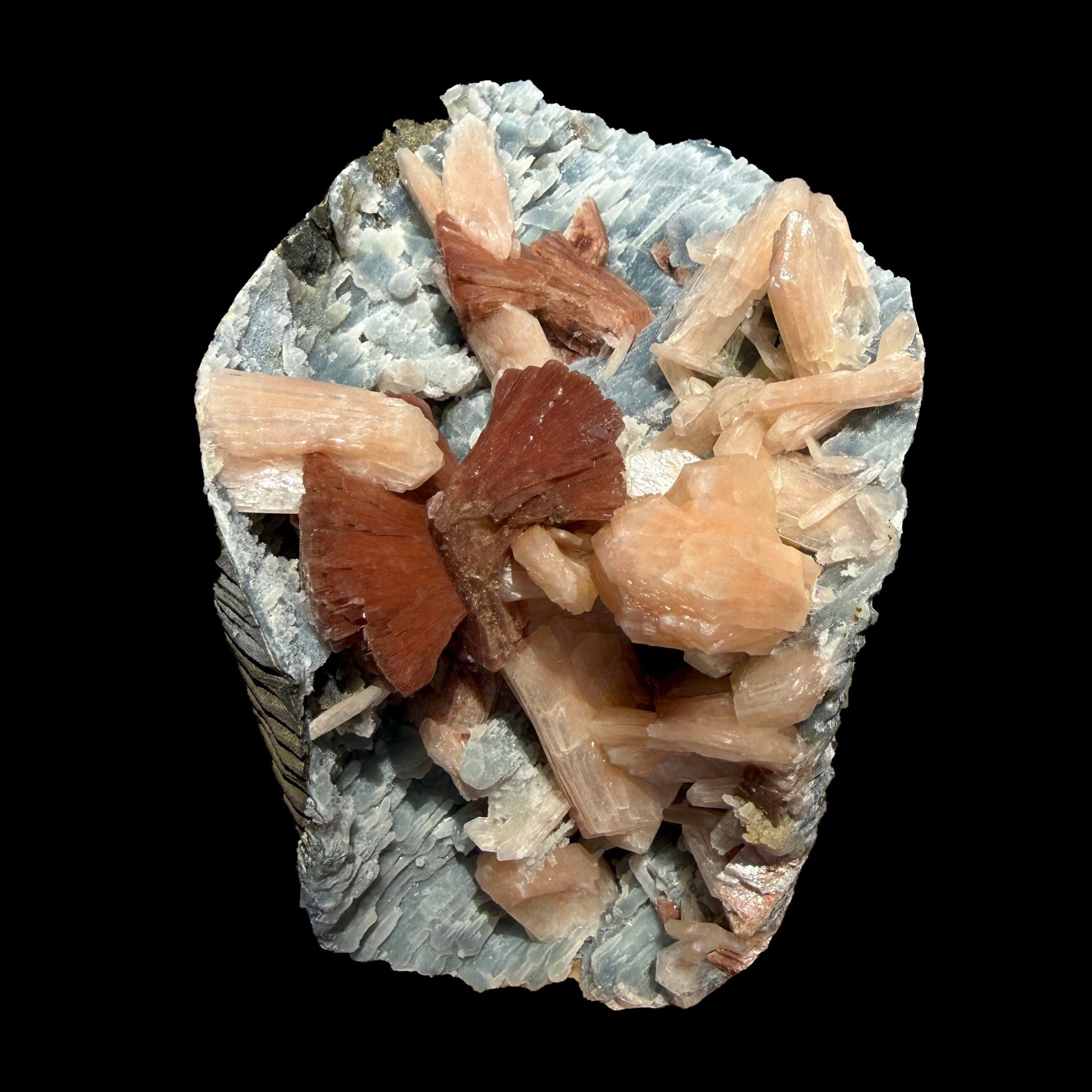 Heulandite & Peach Stilbite on Sparkling Icy-Blue Chalcedony Matrix – Rare Indian Zeolite Mineral Specimen from Maharashtra # DKT137 Heulandite Superb Minerals 