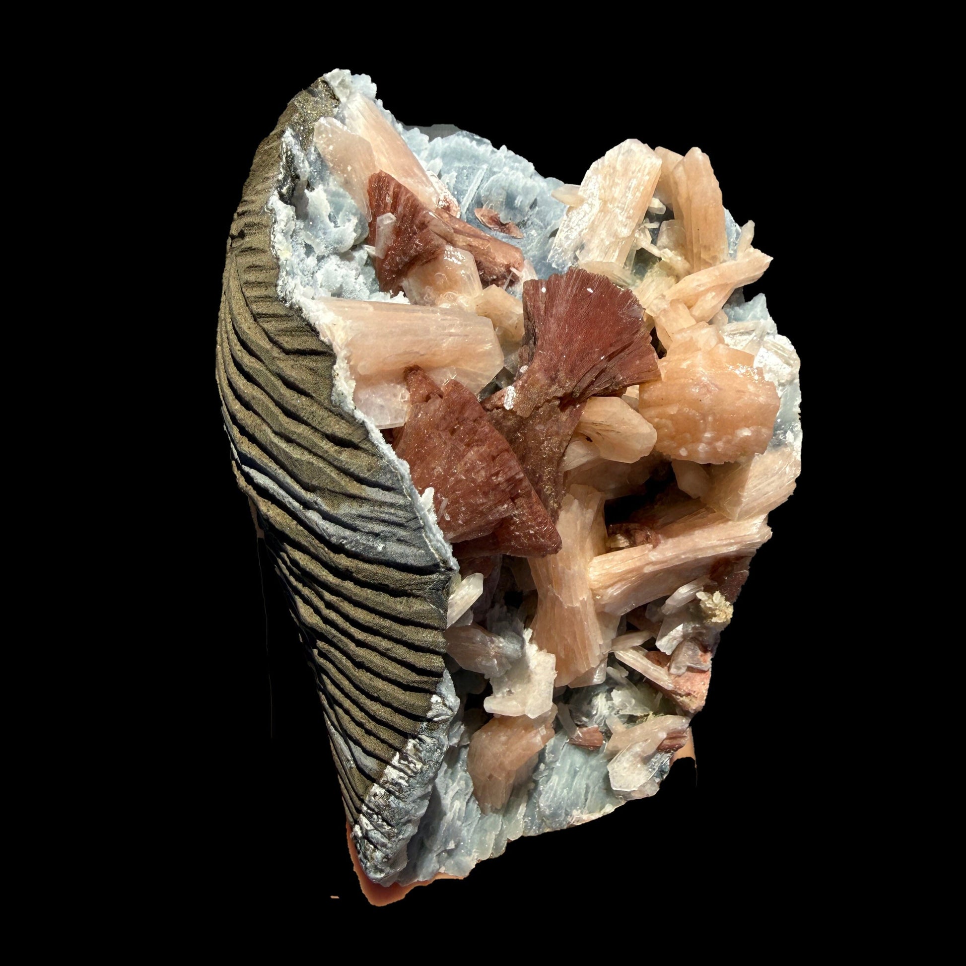 Heulandite & Peach Stilbite on Sparkling Icy-Blue Chalcedony Matrix – Rare Indian Zeolite Mineral Specimen from Maharashtra # DKT137 Heulandite Superb Minerals 