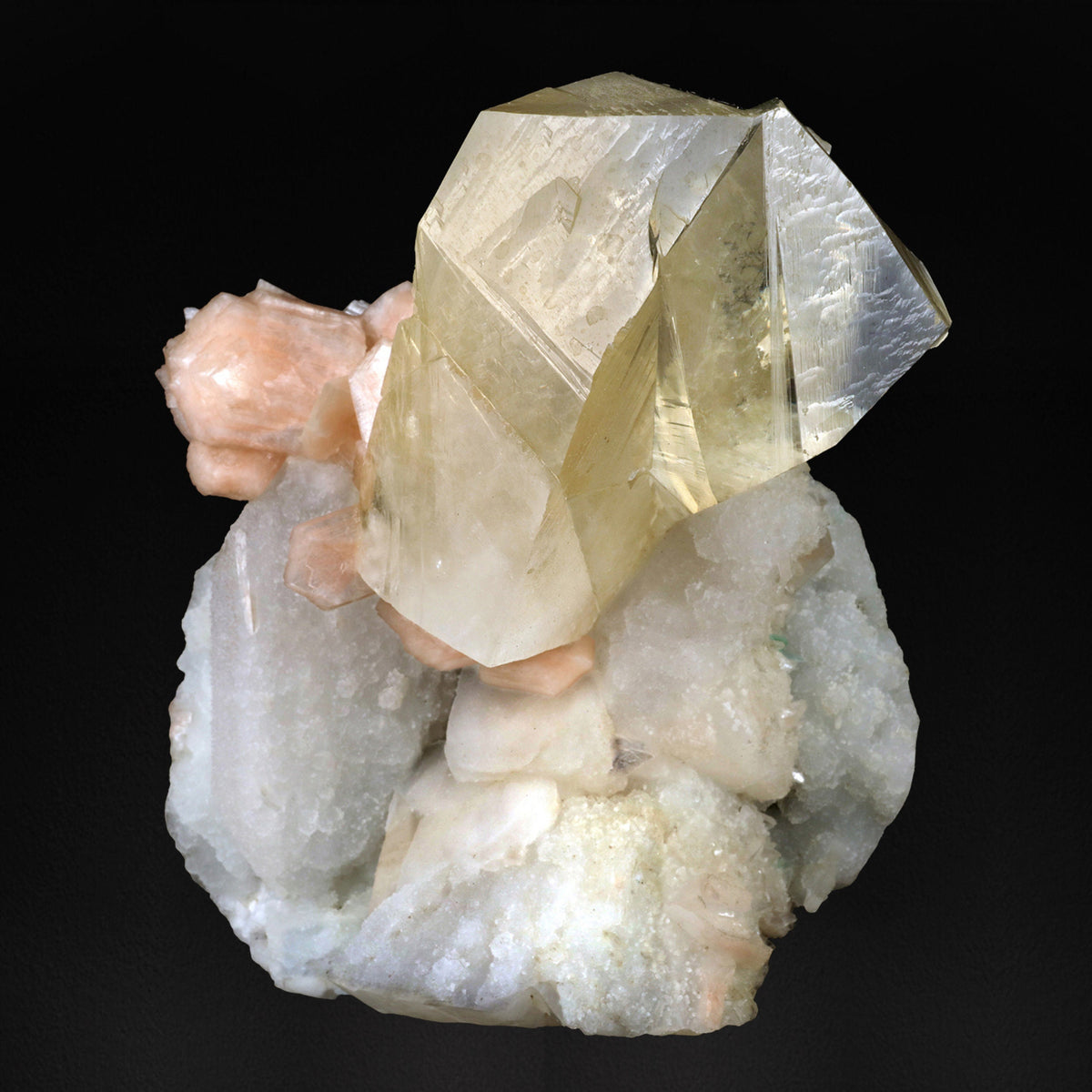 Golden Calcite Crystal with Stilbite on Chalcedony - #20T33