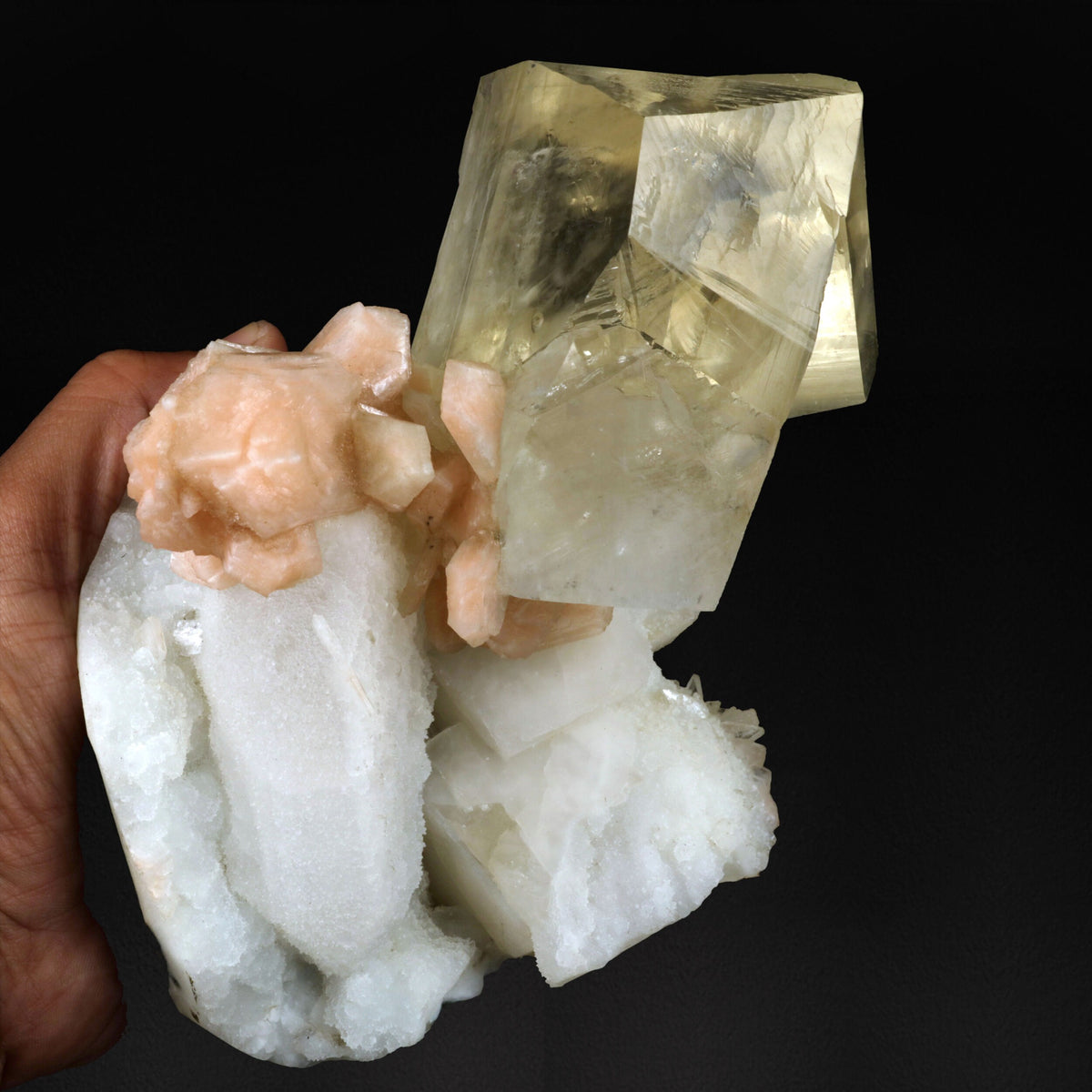 Golden Calcite Crystal with Stilbite on Chalcedony - #20T33