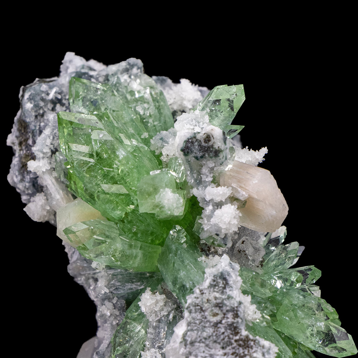 Deep Green Apophyllite with Calcite Cubes and Stilbite - #C11