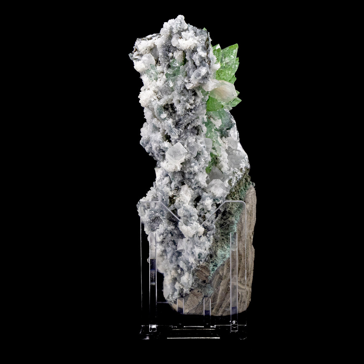 Deep Green Apophyllite with Calcite Cubes and Stilbite - #C11