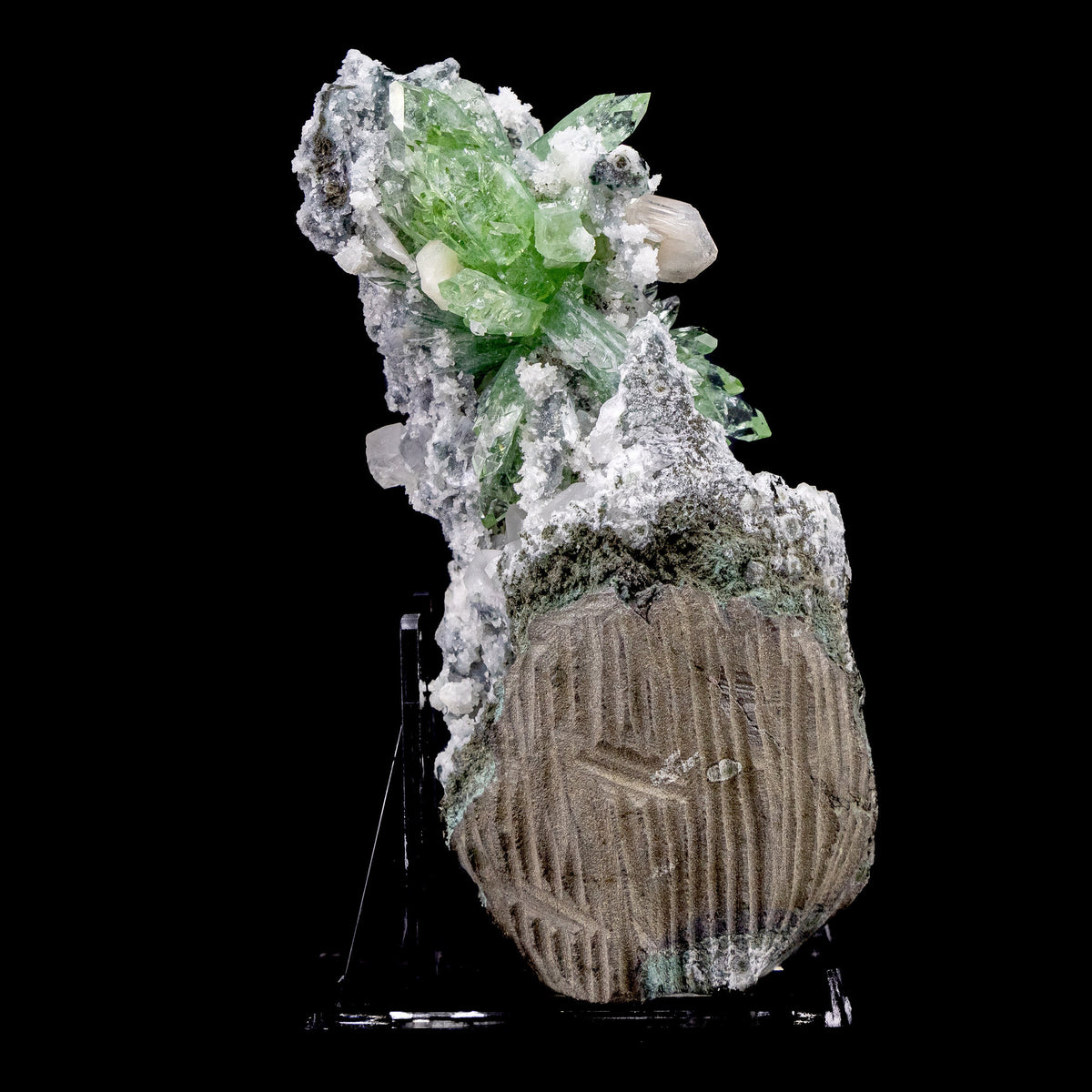 Deep Green Apophyllite with Calcite Cubes and Stilbite - #C11