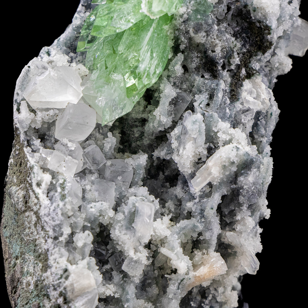 Deep Green Apophyllite with Calcite Cubes and Stilbite - #C11
