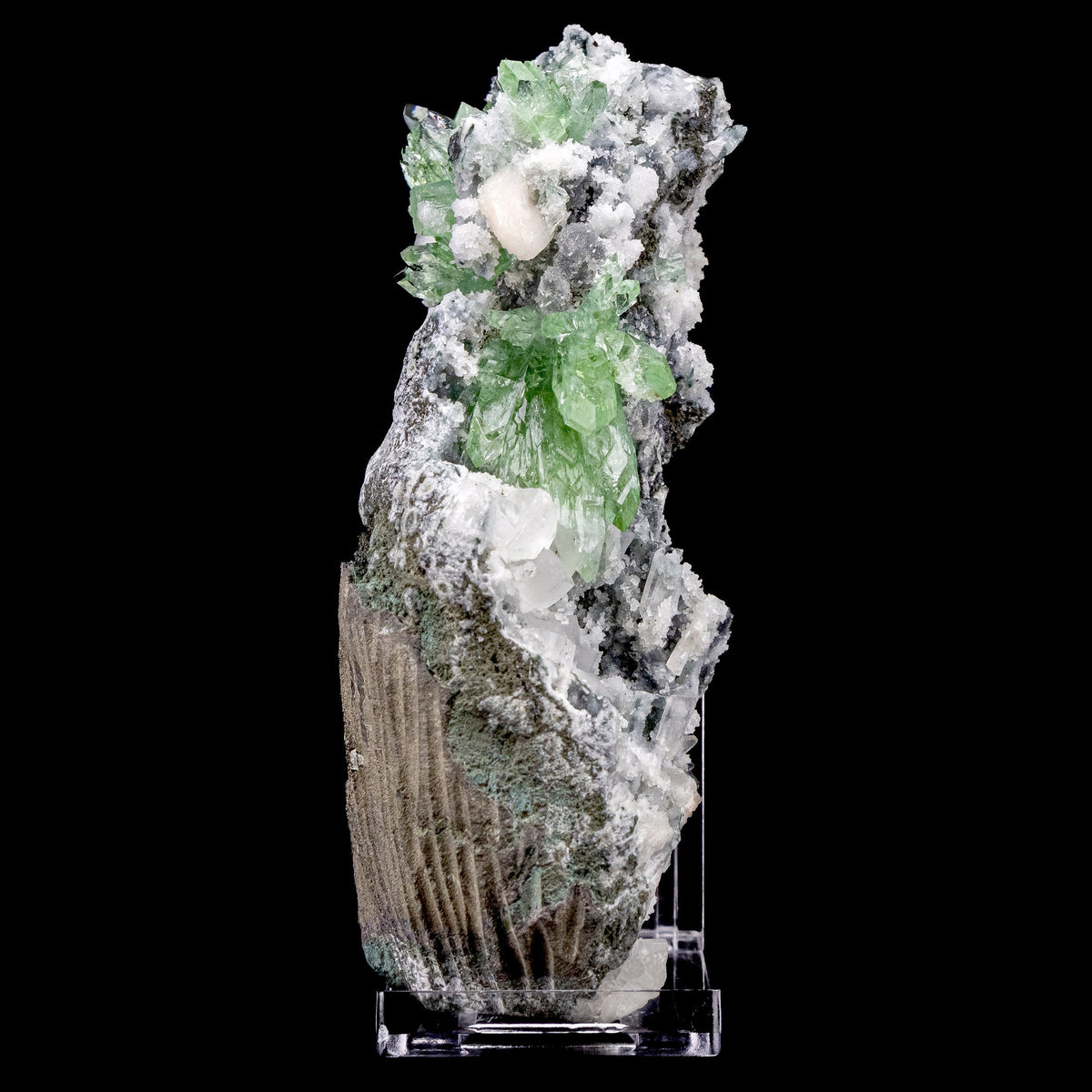 Deep Green Apophyllite with Calcite Cubes and Stilbite - #C11