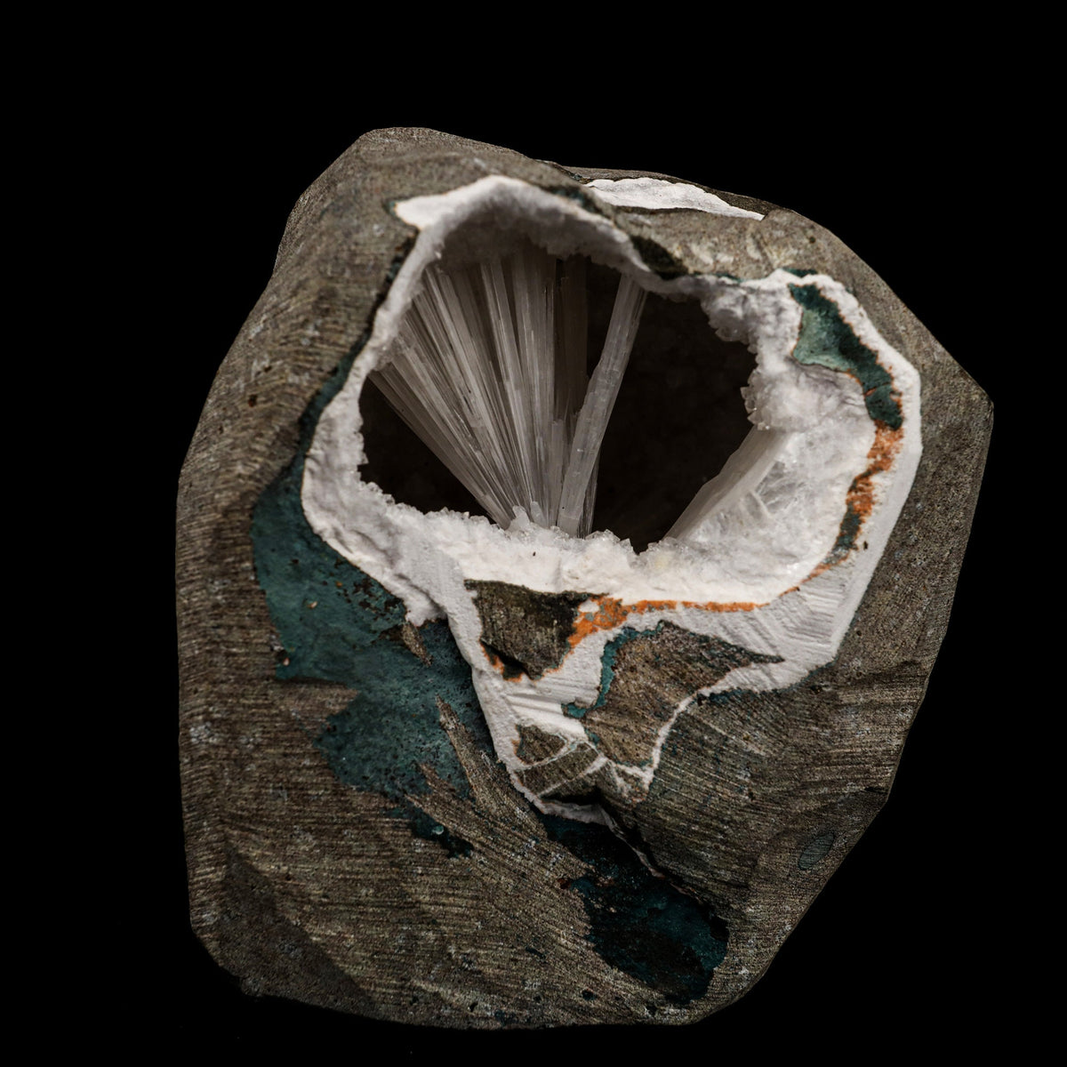 Scolecite Spray Inside MM Quartz Geode Natural Mineral Specimen # B 6408