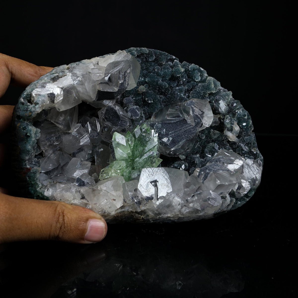 Sharp Terminated Green Apophyllite Cluster and calcite on Shimmering Dark Green Chalcedony Matrix – Natural Indian Zeolite Mineral # B 7239