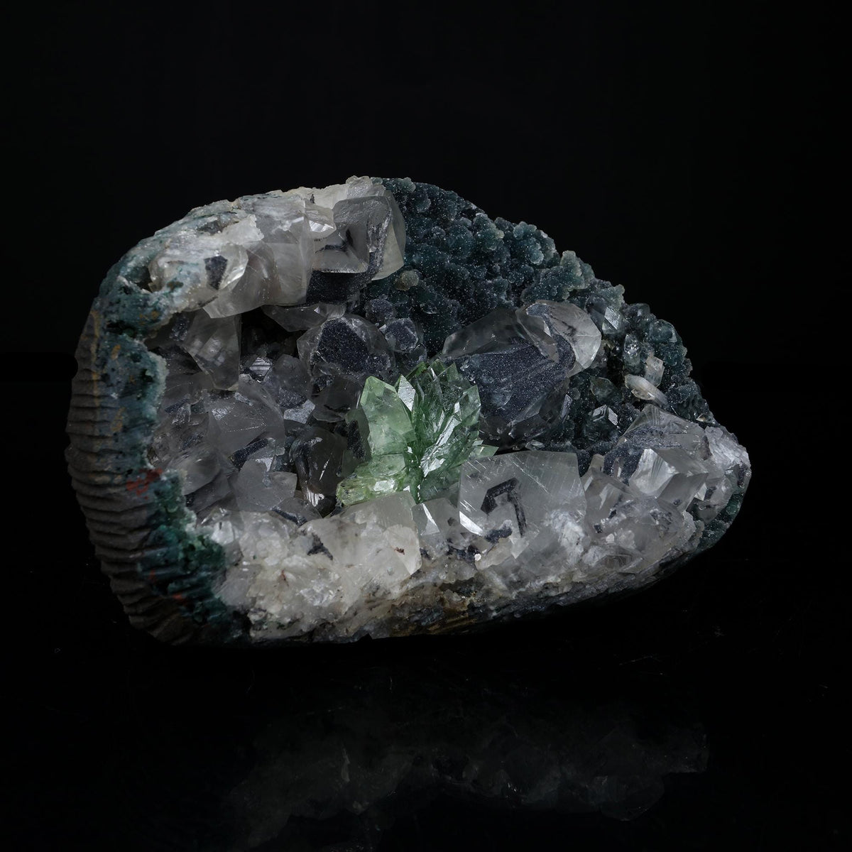 Sharp Terminated Green Apophyllite Cluster and calcite on Shimmering Dark Green Chalcedony Matrix – Natural Indian Zeolite Mineral # B 7239