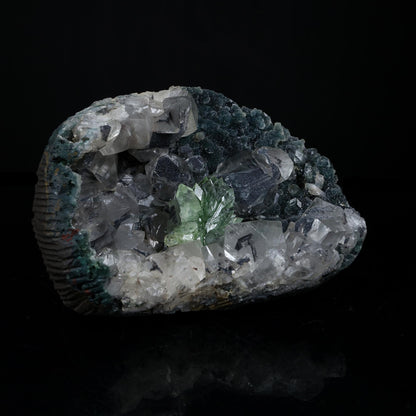Sharp Terminated Green Apophyllite Cluster and calcite on Shimmering Dark Green Chalcedony Matrix – Natural Indian Zeolite Mineral # B 7239