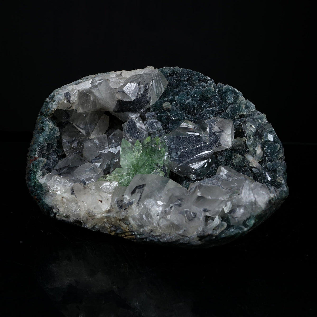 Sharp Terminated Green Apophyllite Cluster and calcite on Shimmering Dark Green Chalcedony Matrix – Natural Indian Zeolite Mineral # B 7239