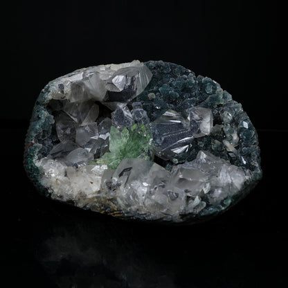 Sharp Terminated Green Apophyllite Cluster and calcite on Shimmering Dark Green Chalcedony Matrix – Natural Indian Zeolite Mineral # B 7239