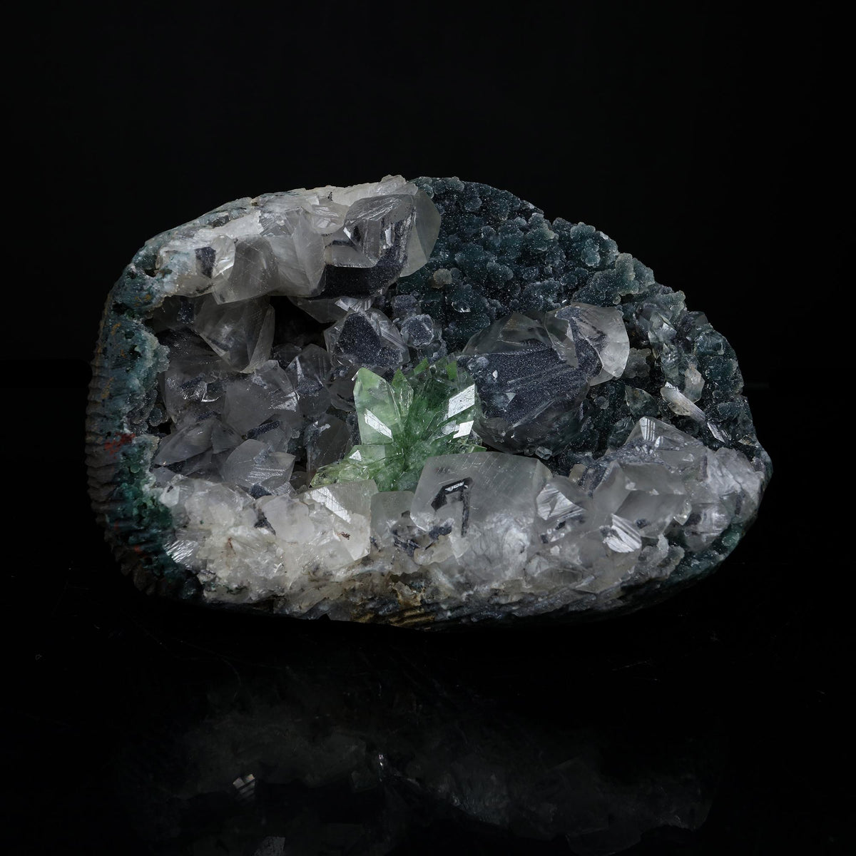 Sharp Terminated Green Apophyllite Cluster and calcite on Shimmering Dark Green Chalcedony Matrix – Natural Indian Zeolite Mineral # B 7239