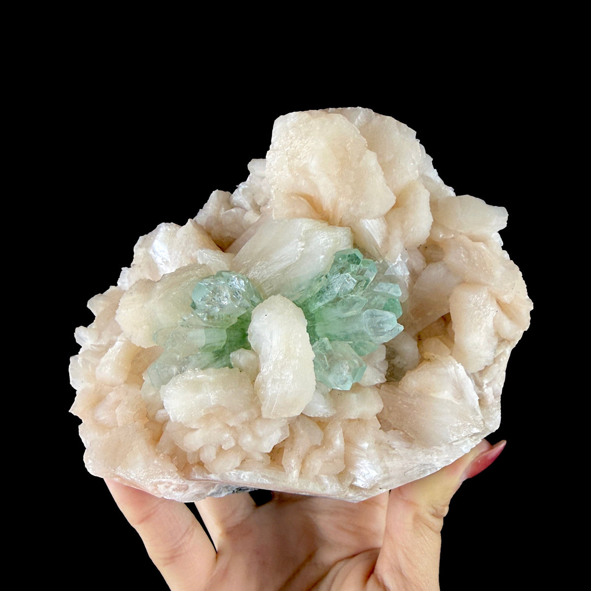 Lush Mint Green Apophyllite Crystal Cluster Nestled in Pearlescent Stilbite Matrix - Collector’s Cabinet Specimen from Jalgaon, India # DKT196 Apophyllite Superb Minerals 