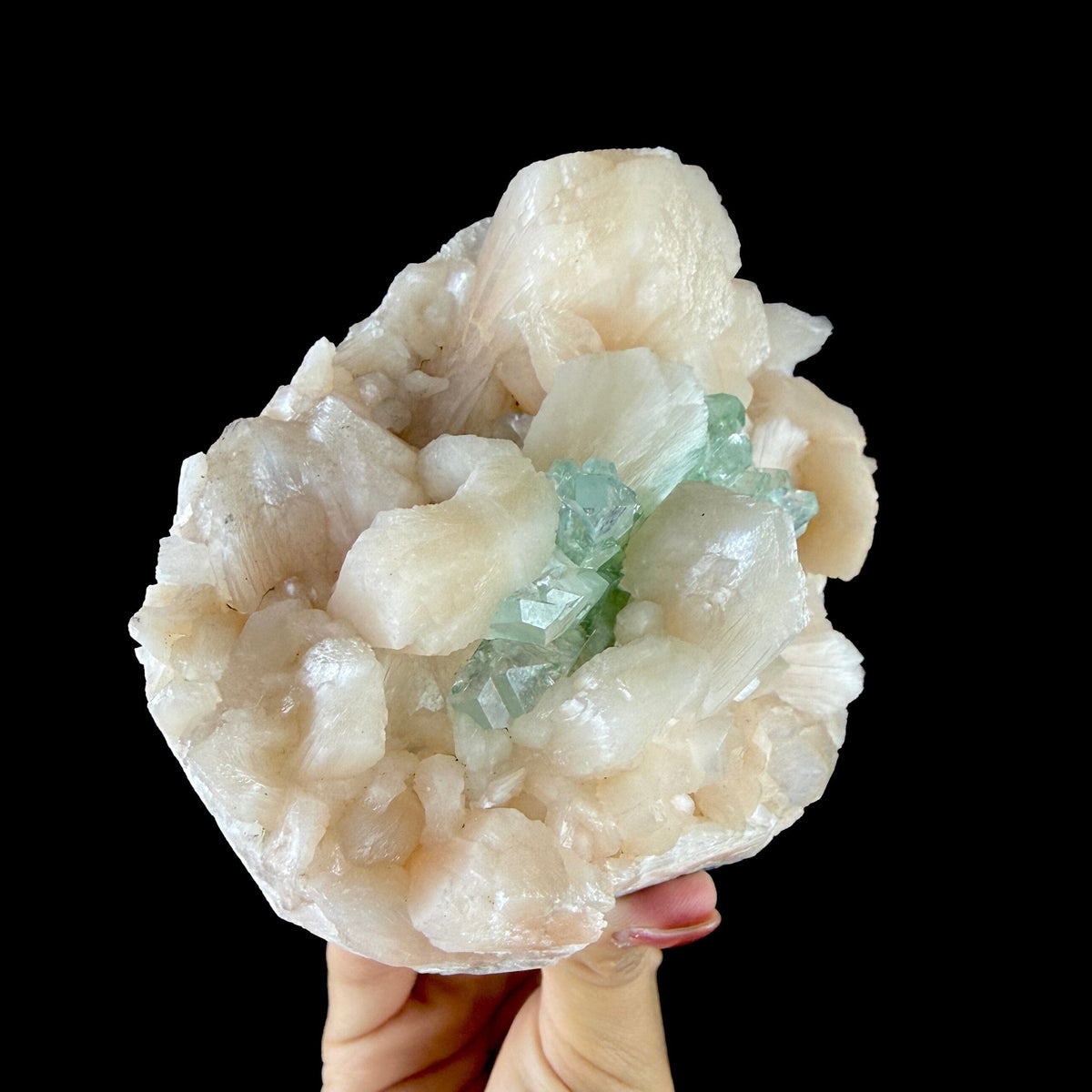 Lush Mint Green Apophyllite Crystal Cluster Nestled in Pearlescent Stilbite Matrix - Collector’s Cabinet Specimen from Jalgaon, India # DKT196 Apophyllite Superb Minerals 
