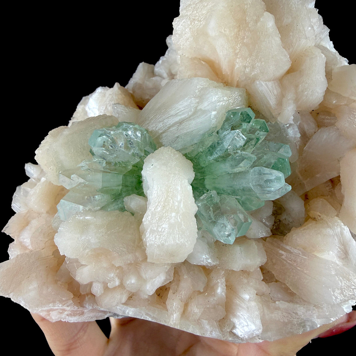 Lush Mint Green Apophyllite Crystal Cluster Nestled in Pearlescent Stilbite Matrix - Collector’s Cabinet Specimen from Jalgaon, India # DKT196 Apophyllite Superb Minerals 