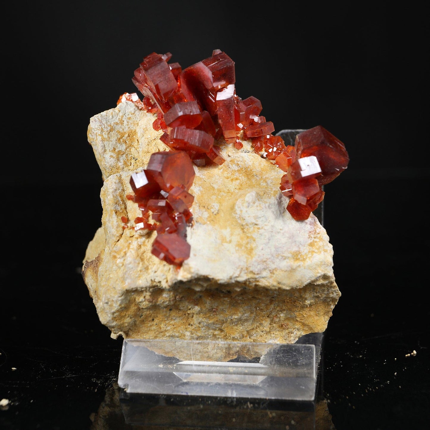 Lustrous Deep Red-Orange Vanadinite Crystals on Natural Matrix - Classic Collector Specimen from Mibladen, Morocco # B 7205 Vanadinite Superb Minerals 