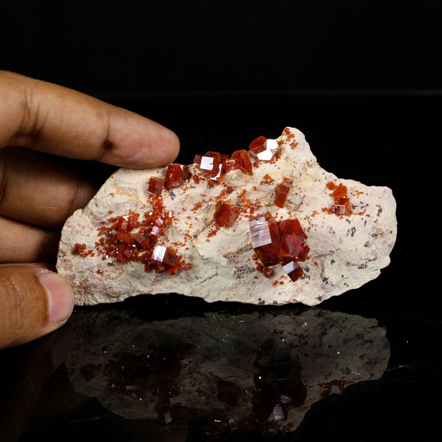 Lustrous Deep Red-Orange Vanadinite Crystals on Natural Matrix - Classic Collector Specimen from Mibladen, Morocco # B 7212 Vanadinite Superb Minerals 