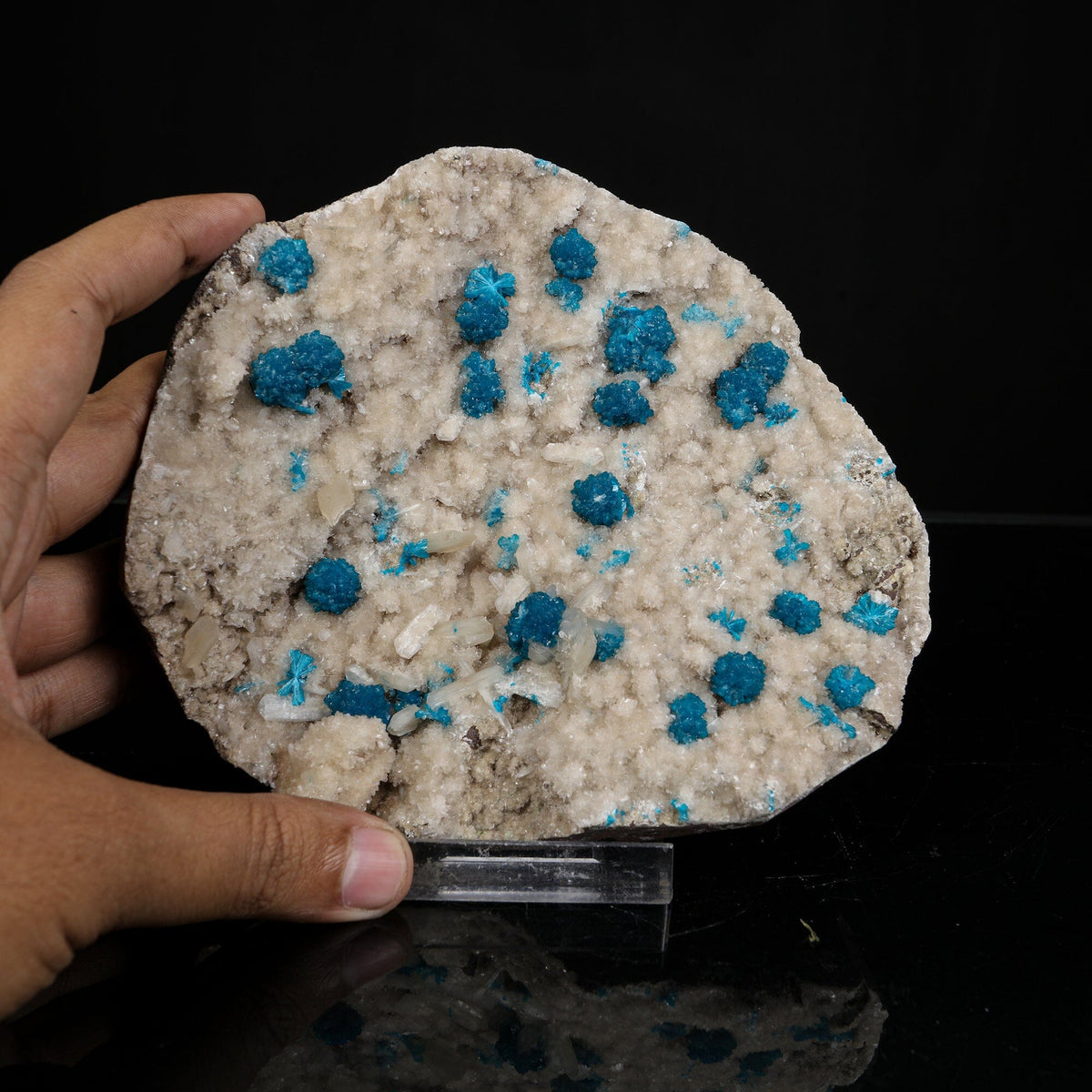 Lustrous Electric-Blue Cavansite Rosette with Stilbite on Sparkling Heulandite Matrix – Rare Indian Zeolite Mineral Specimen from Pune # B 7245 Cavansite Superb Minerals 